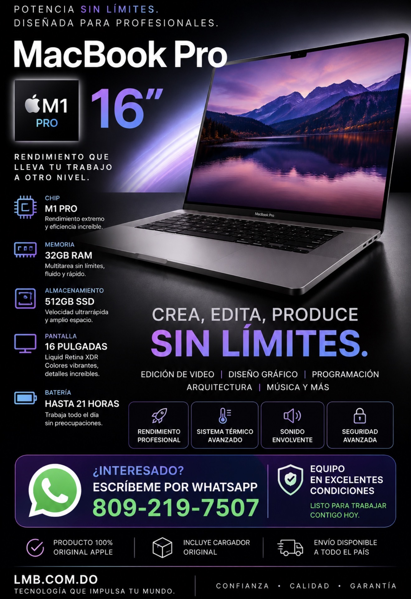 MacBook Pro Apple 2021 con chip Apple M1 Pro (16 pulgadas, 32 GB de RAM